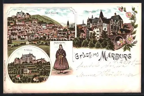 Lithographie Marburg, Schloss, Universität, Marburgerin