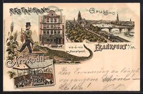 Lithographie Frankfurt a. M., Brauerei Essighaus Gasthaus Krokodil, Innenansicht, Teilansicht mit Brücke