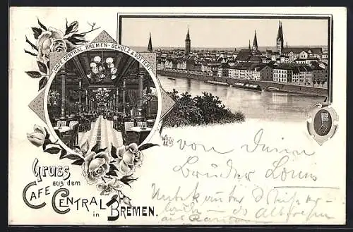 Lithographie Bremen, Cafe Central Scholz & Göttert, Innenansicht, Teilansicht mit Weser, Wappen