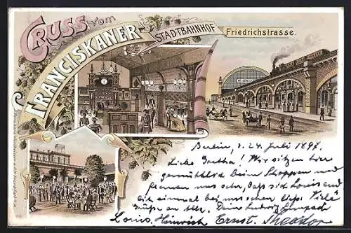 Lithographie Berlin, Franciskaner Stadtbahnhof, Innenansicht, Bahnhof Friedrichstrasse mit Eisenbahn