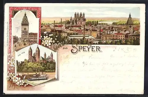 Lithographie Speyer, Altpörtel, Dom mit Dampfer, Panorama