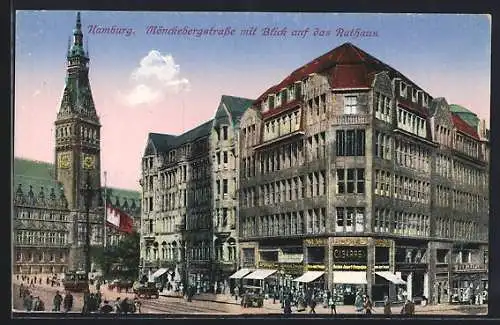 AK Hamburg, Mönckebergstrasse mit Geschäften und Rathaus