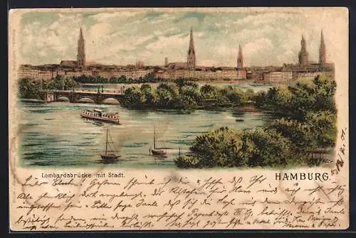 Lithographie Hamburg-Neustadt, Lombardsbrücke mit Stadt