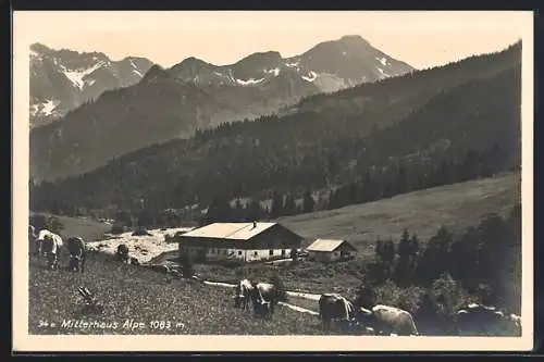 AK Hindelang, Berggasthof Mitterhaus-Alpe mit Nebelhorn und Entschenkopf