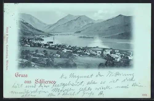 Mondschein-AK Schliersee, Teilansicht mit Kirche