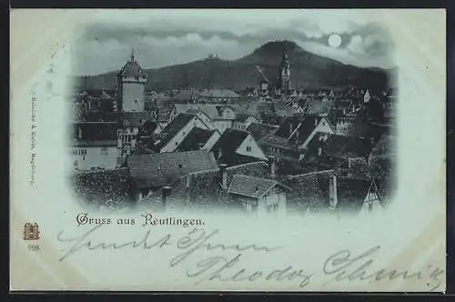 Mondschein-AK Reutlingen, Teilansicht mit Kirche