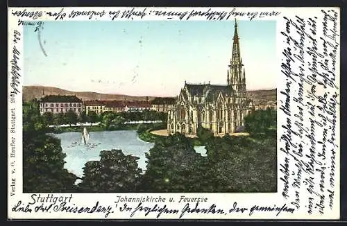 Goldfenster-AK Stuttgart, Johanniskirche mit leuchtenden Fenstern und Feuersee