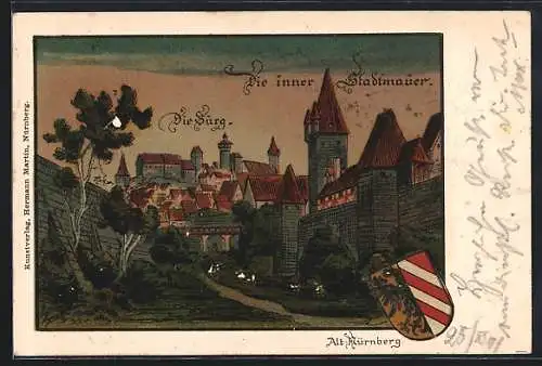 Lithographie Alt-Nürnberg, Die Burg, Die inner Stadtmauer