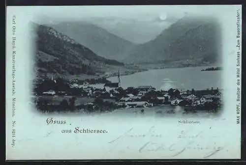 Mondschein-AK Schliersee, Schliersee mit Kirche