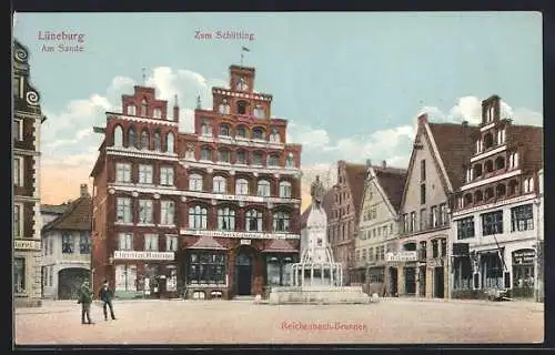 AK Lüneburg, Strasse am Sande mit Gasthaus Zum Schütting und Reichenbach-Brunnen