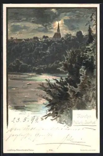 Lithographie Pullach, Blick von der Isar auf den mondbeschienenen Ort