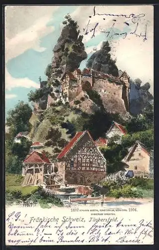 Lithographie Tüchersfeld /Fränkische Schweiz, Ortspartie mit Schloss