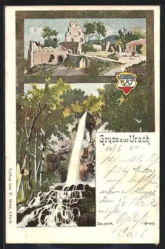 Lithographie Urach, Ruinen und Wasserfall, Wappen