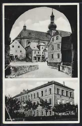 AK Wildstein i. Egerland, Teilansicht der Schule, Blick durch das Tor