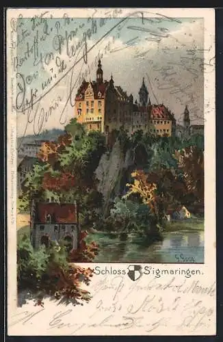 Lithographie Sigmaringen, Blick zum Schloss