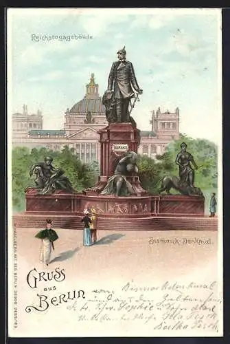 Lithographie Berlin-Tiergarten, Bismark-Denkmal und Reichstagsgebäude