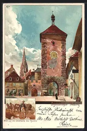 Künstler-AK Heinrich Kley: Das Schwabenthor Freiburg mit Teilansicht eines Bildes auf der Stadtseite des Thurms