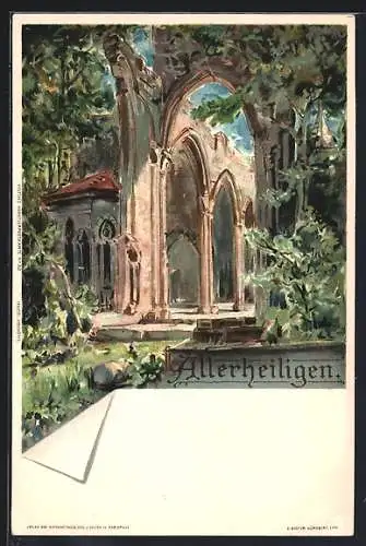 Künstler-Lithographie Carl Biese: Allerheiligen, Mittelalterliche Ruine, Gotik