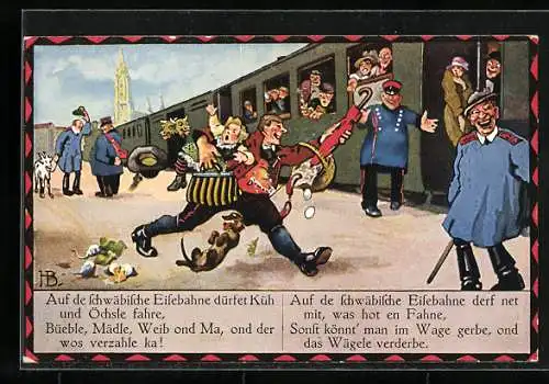 Künstler-AK Hans Boettcher: Rennender Mann mit Kind auf dem Arm versucht den Zug zu erreichen, Schwäbische Eisenbahn