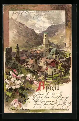 Künstler-AK Theodor Guggenberger: Allegorie, April, Blick auf Dorf in den Bergen