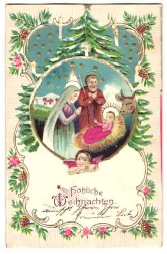 Stoff-Präge-AK Christkind in der Krippe mit geprägter Decke, Tannenbaum-Passepartout