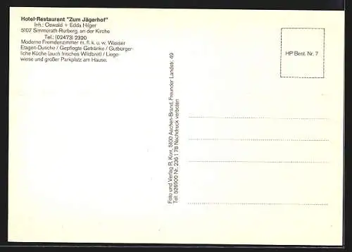 AK Simmerath-Rurberg, Hotel-Restaurant Zum Jägerhof, Inh. Oswald u. Edda Hilger