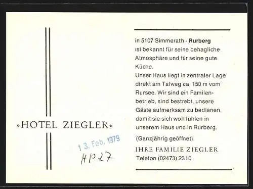 AK Rurberg /Eifel, Hotel Ziegler, Bes. Fam. Ziegler