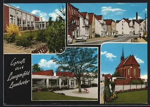 AK Langenfeld-Landwehr / Rheinland, Das Hallenbad, die Kirche, Strassenpartie