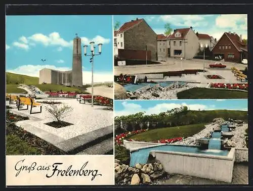 AK Frelenberg, Kirche, Brunnenanlage im Park