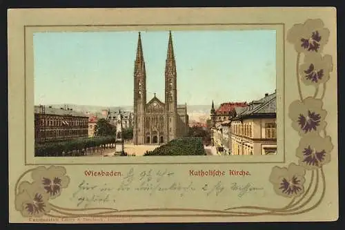 Lithographie Wiesbaden, Katholische Kirche im Stiefmütterchen-Passepartout