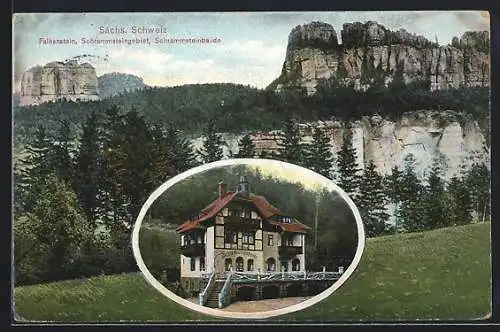 AK Bad Schandau / Sächs. Schweiz, Gasthaus Schrammsteinbaude, Schrammsteingebiet mit Falkenstein