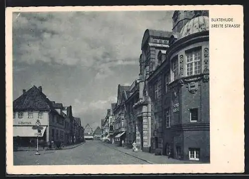 AK Buxtehude, Breite Strasse, Gasthaus G. Bertzik und Sparkasse