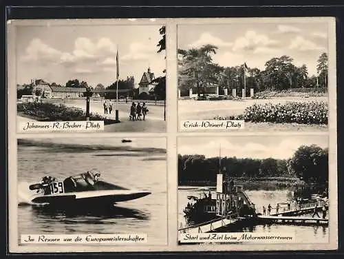 AK Bad Saarow-Pieskow, Johannes-R.-Becher-Platz, Erich Weinert-Platz, Motorwasserrennen