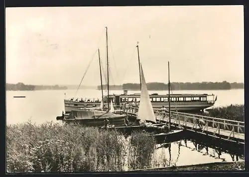 AK Bad Saarow-Pieskow, Anlegestelle Erich Weinert-Platz mit Segelbooten