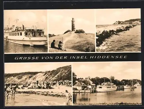 AK Hiddensee, Leuchtturm, Strandbad und Hafen