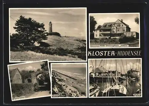 AK Kloster-Hiddensee, FDGB-Erholungsheim Hitthim, Leuchtturm, Klostermauer, Strand, Hafen