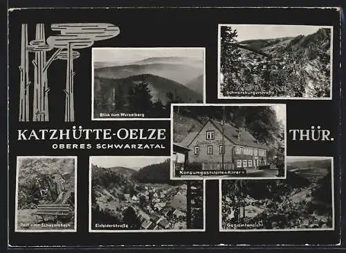 AK Katzhütte-Oelze, Gasthaus zum Ritter, Schwarzburgerstrasse, Eisfelderstrasse, Partie am Schwemmbach