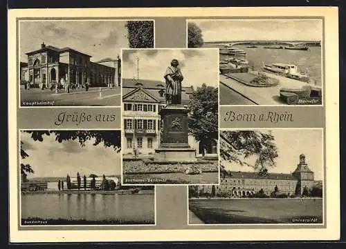 AK Bonn a. Rhein, Hauptbahnhof, Universität, Beethoven-Denkmal und Rheinufer