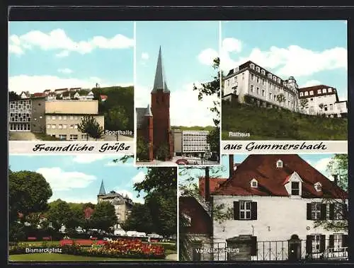 AK Gummersbach, Rathaus, Bismarckplatz, Vogteihausburg und Sporthalle