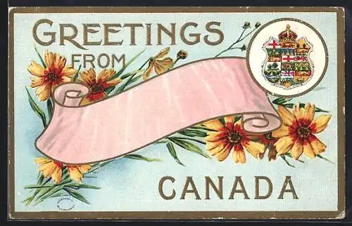 Präge-AK Canada, Grüsse mit Schleifenband, Blumen und Wappen