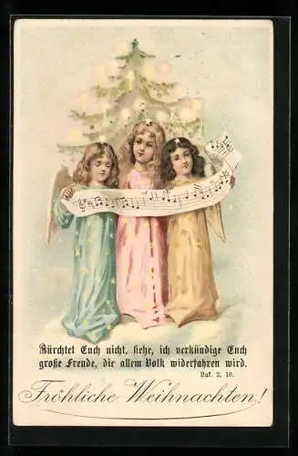 AK Weihnachtsengel singen unter einem Tannenbaum