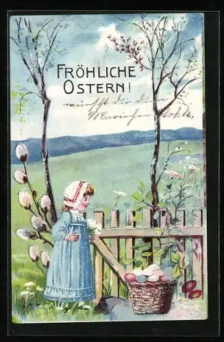 AK Fröhliche Ostern, Kleines Mädchen mit Osterkorb