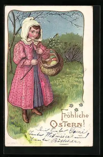 AK Fröhliche Ostern, Mädchen mit Korb voller Ostereiern