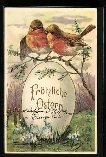 AK Fröhliche Ostern, Rotkehlchen sitzen über einem Osterei