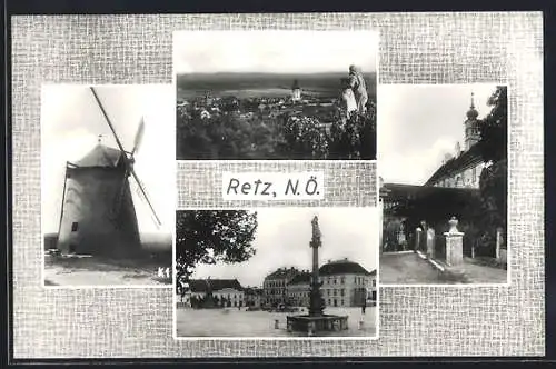 AK Retz, Panormaansicht, Windmühle, Ortsansicht