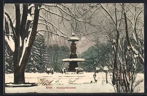 AK Graz, Stadtparkbrunnen im winterlichen Kleid