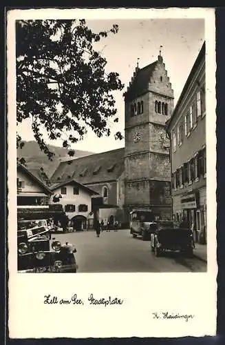 AK Zell am See, Stadtplatz mit Uhrenturm