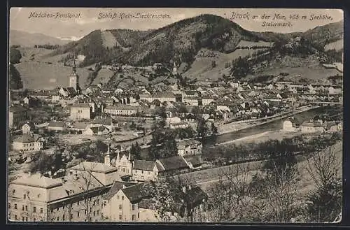 AK Bruck a.d. Mur, Gesamtansicht mit Schloss Klein-Liechtenstein, Mädchen-Pensionat