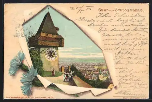 AK Graz, Blick vom Schlossberg, Kornblumen