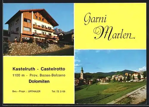 AK Kastelruth /Dolomiten, Ortsansicht und Pension Garni Marlen